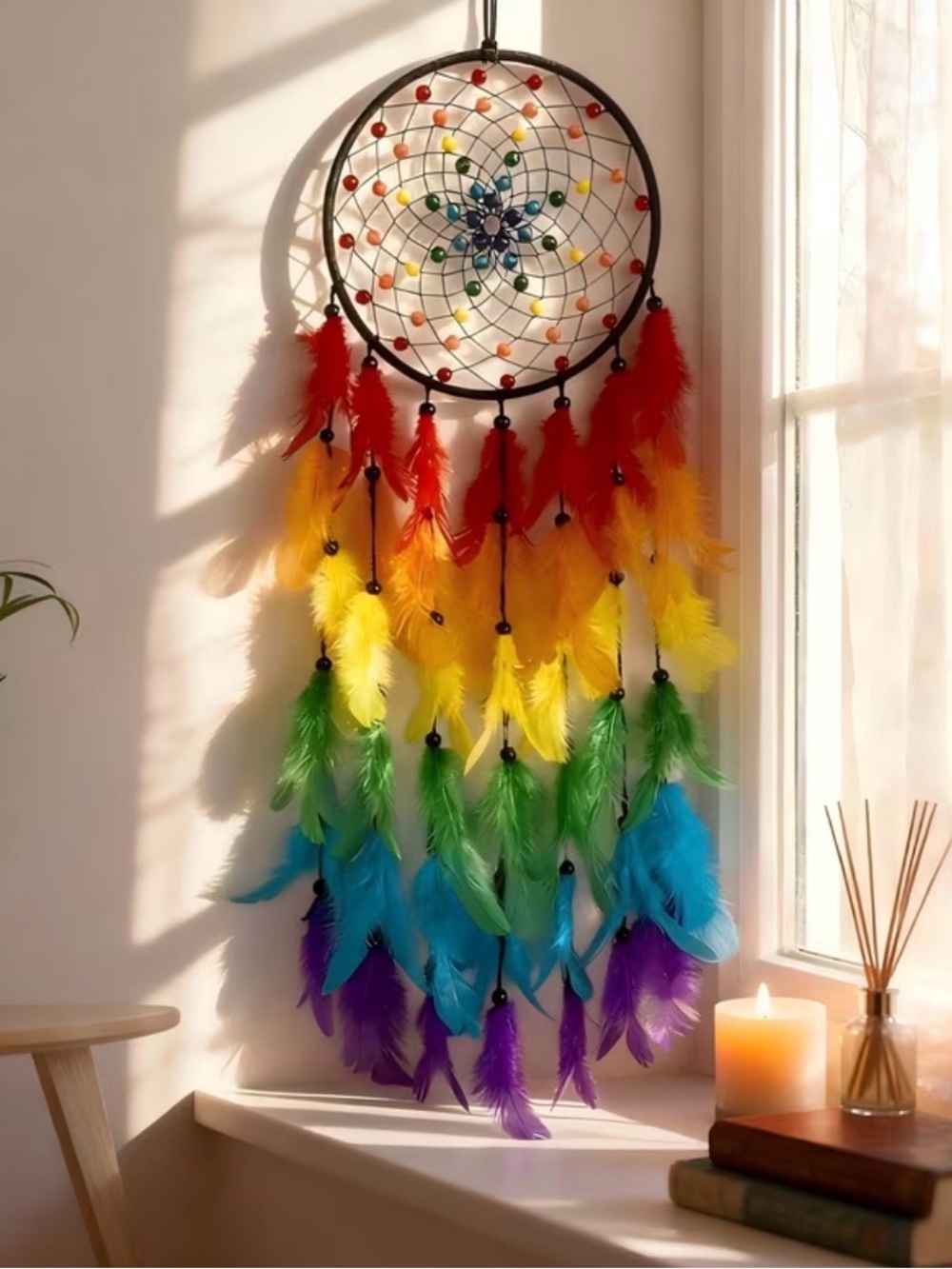 Rainbow Feather Dreamcatcher Wall Hanging